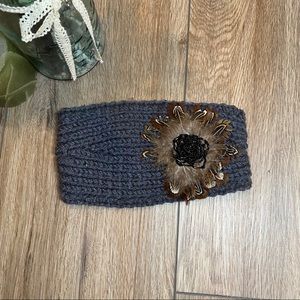 Boho Knit Gray Winter Ear Warmer Headband With Beaded Feather Flower